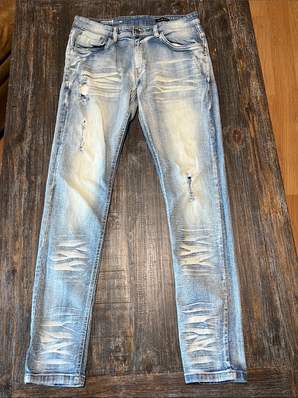 Men's Skinny Light Blue Distressed Jeans Copper Rivet
